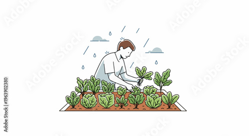 A person tends to a garden bed under a light rain shower