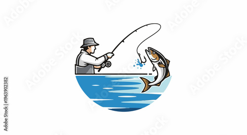 A fisherman reels in a jumping fish in blue waters