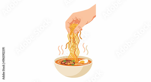 A hand lifts steaming noodles from a flavorful soup bowl
