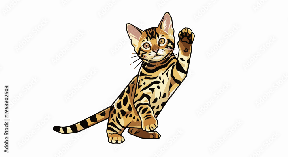 Obraz premium A cartoon cat with leopard-like spots waves its paw in greeting