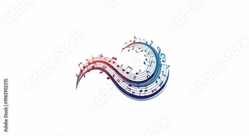 A colorful swirling wave of musical notes on a white background