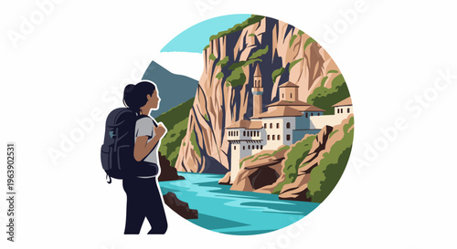 A person with a backpack observes a cliffside monastery by a turquoise river