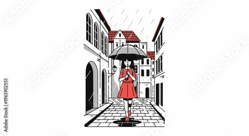 A person walks with an umbrella down a cobbled street lined with buildings in the rain