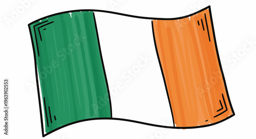 A hand-drawn Irish flag flutters against a white background