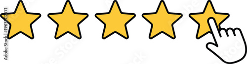 Five star rating system illustration with hand clicking highest star symbolizing feedback, review, satisfaction, and quality evaluation concept