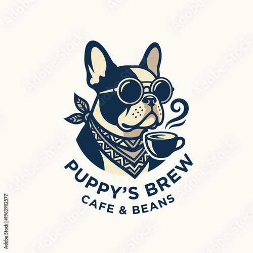This logo features a charismatic French Bulldog wearing sunglasses while sipping coffee, representing a cozy atmosphere at Puppy’s Brew Cafe & Beans.