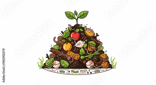 A compost pile with a seedling growing from the top, surrounded by worms and various organic materials like fruits and coffee beans