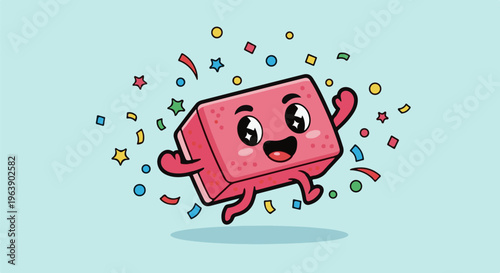 A happy, anthropomorphic pink brick character jumps joyfully amidst colorful confetti