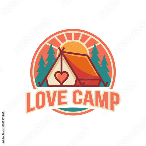 A vibrant cartoonish representation of a camping tent with a love heart symbol, evoking feelings of adventure and romance in nature, ideal for summer camp themes and events.