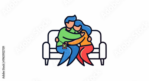 A couple embraces on a sofa, sharing a tender moment