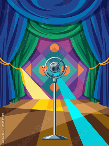A microphone on a stage with colorful curtains and dynamic lighting, symbolizing performance and music, suited for events, shows, or creative projects in the entertainment field.