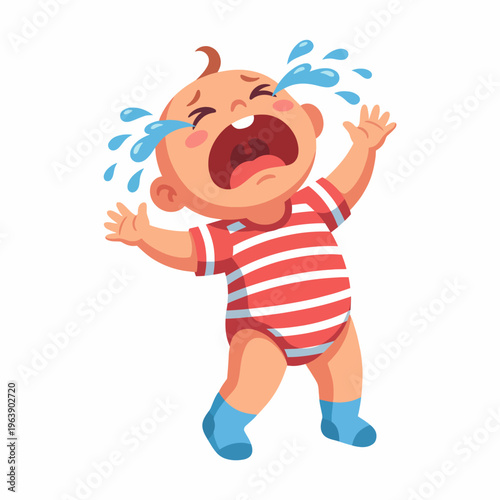 A cute illustration of a baby wearing a striped outfit, crying with tears, showcasing the classic emotions of childhood and the innocence inherent in young children.