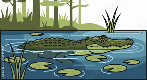 A green alligator swims in a blue pond with lily pads and reeds, trees in background