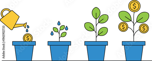 Illustrated financial growth concept showing watering investment coin sprout developing into mature plant with dollar returns and prosperity