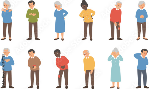 Illustrated elderly people experiencing physical pain in body parts like head, chest, stomach, back, knee, and shoulder discomfort