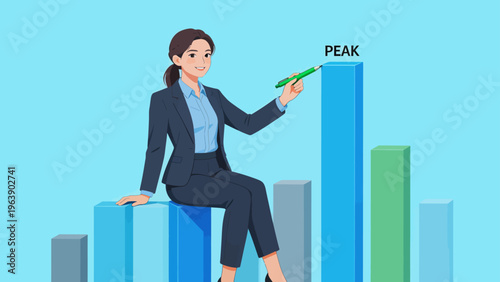 Businesswoman pointing at peak bar graph