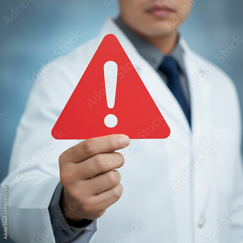 Doctor holding red warning triangle symbol for medical alert and health risk awareness.  Medical Safety & Healthcare Warnings
