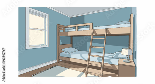 A cozy bedroom with a wooden bunk bed, a window, and a lamp