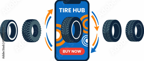This image illustrates a mobile app display for purchasing tires, showcasing the convenience of modern shopping in automotive care, ideal for tech and automotive businesses.