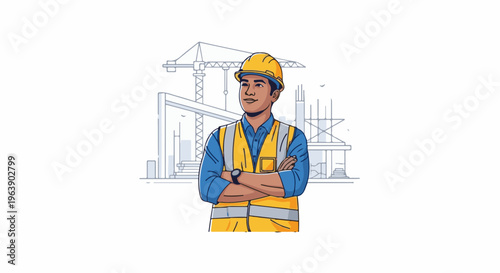 A construction worker in a hard hat and vest stands with arms crossed