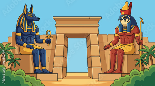 This colorful illustration depicts the Egyptian gods Anubis and Horus sitting majestically, symbolizing protection, the afterlife, and divine power in ancient mythology.