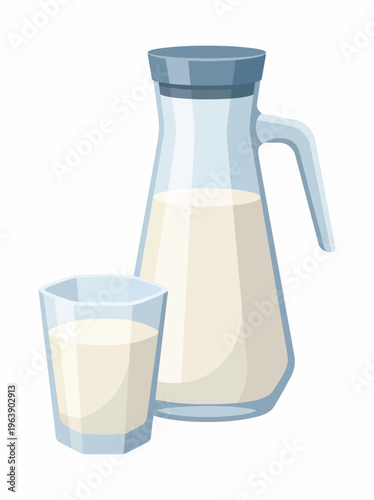 This image captures a clear glass jug of milk alongside a glass filled with fresh milk, symbolizing purity and simplicity in wholesome beverage choices in everyday life.