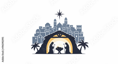 A nativity scene depicts a starry night over a stable and a biblical city