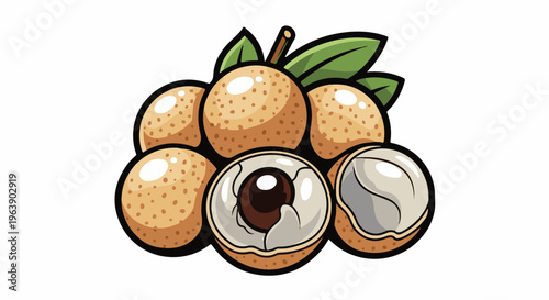 A cluster of ripe, textured, light brown longan fruits with green leaves