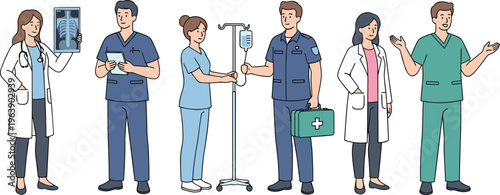 Illustrated group of diverse medical professionals in uniforms with equipment, symbolizing healthcare teamwork, hospital staff, and modern medical services