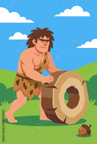 This playful illustration portrays a caveman using a stone wheel, highlighting the early human ingenuity and exploration during the prehistoric era of humankind's development.