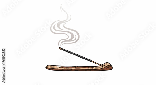 A burning incense stick emits wispy smoke above a wooden holder