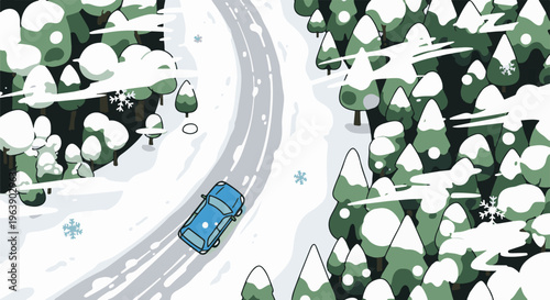 A blue car drives on a snowy road through a winter forest