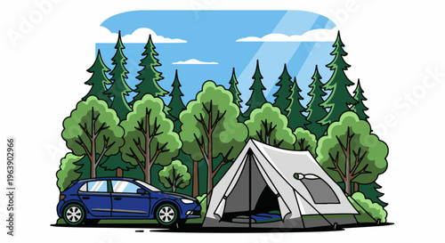A blue car parked by a tent amidst a forest landscape