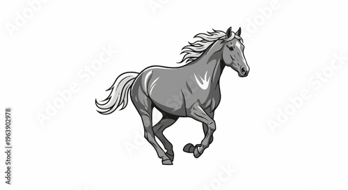 A grayscale illustration of a horse in mid-gallop, with its mane and tail flowing