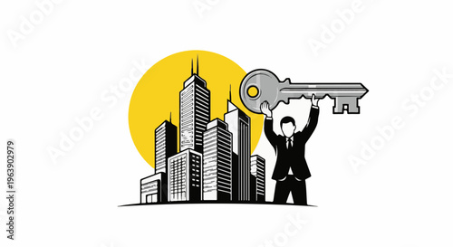 A businessman holding a key above a cityscape with a yellow sun