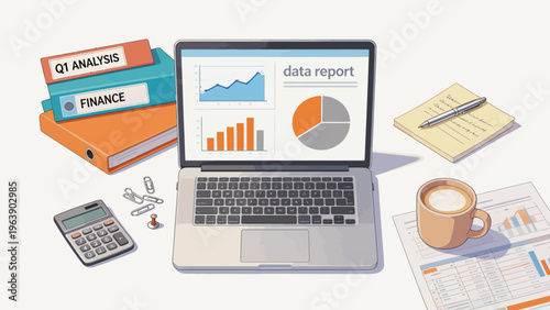 Laptop with data charts and office supplies