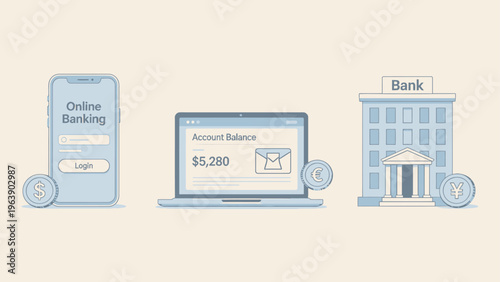 Online banking and bank building illustration
