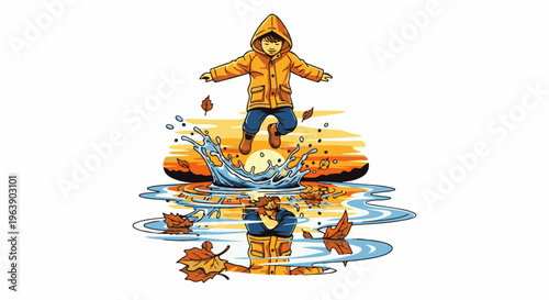 A child in a yellow raincoat jumps into a puddle, creating a splash