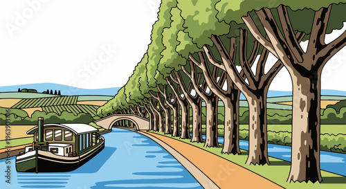A canal boat navigates a waterway lined with trees and fields