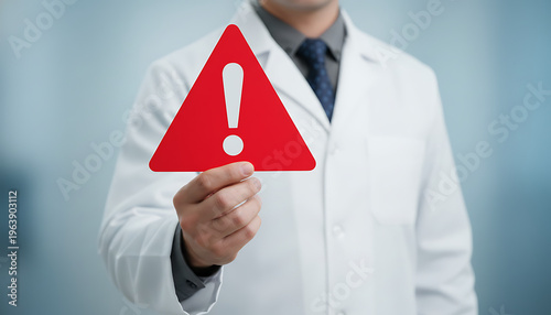 Doctor holding red warning triangle symbol for medical alert and health risk awareness.  Medical Safety & Healthcare Warnings