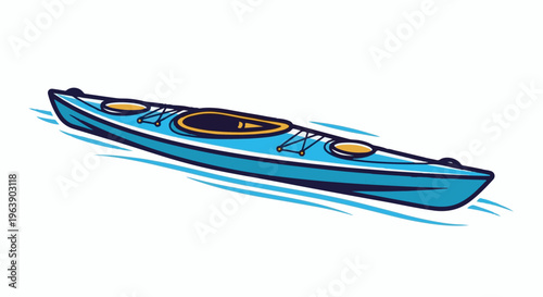 A blue kayak with yellow accents cuts through blue water lines