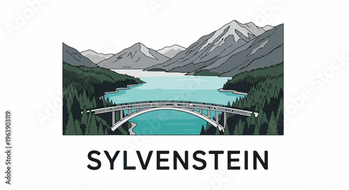 A picturesque arch bridge spans across a turquoise lake, framed by pine forests and rugged mountains