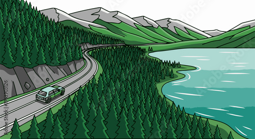 A car drives along a winding road beside a serene lake and forested mountains