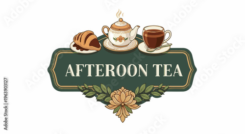 A decorative banner with a croissant, teapot, teacup, and a floral accent
