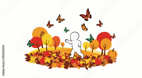 A child runs through autumn leaves with butterflies