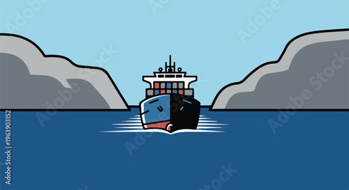 A cargo ship sails through a narrow strait between imposing rocky hillsides