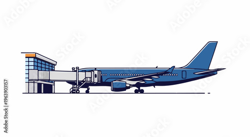 A blue passenger jet is connected to an airport terminal via a skybridge