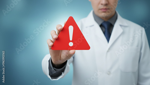 Doctor holding red warning triangle symbol for medical alert and health risk awareness.  Medical Safety & Healthcare Warnings