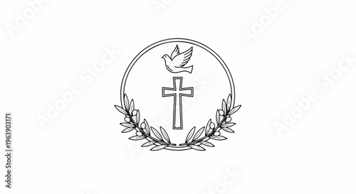 A Christian symbol featuring a cross, dove, and olive branches within a circle