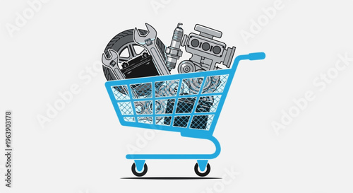 A blue shopping cart filled with vehicle parts like an engine